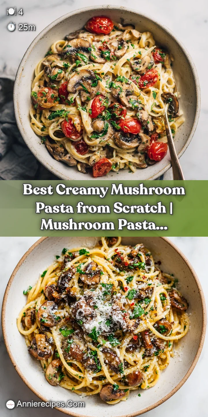 Close-up of fork-twirled pasta, showcasing plump mushrooms and a velvety, glossy sauce.