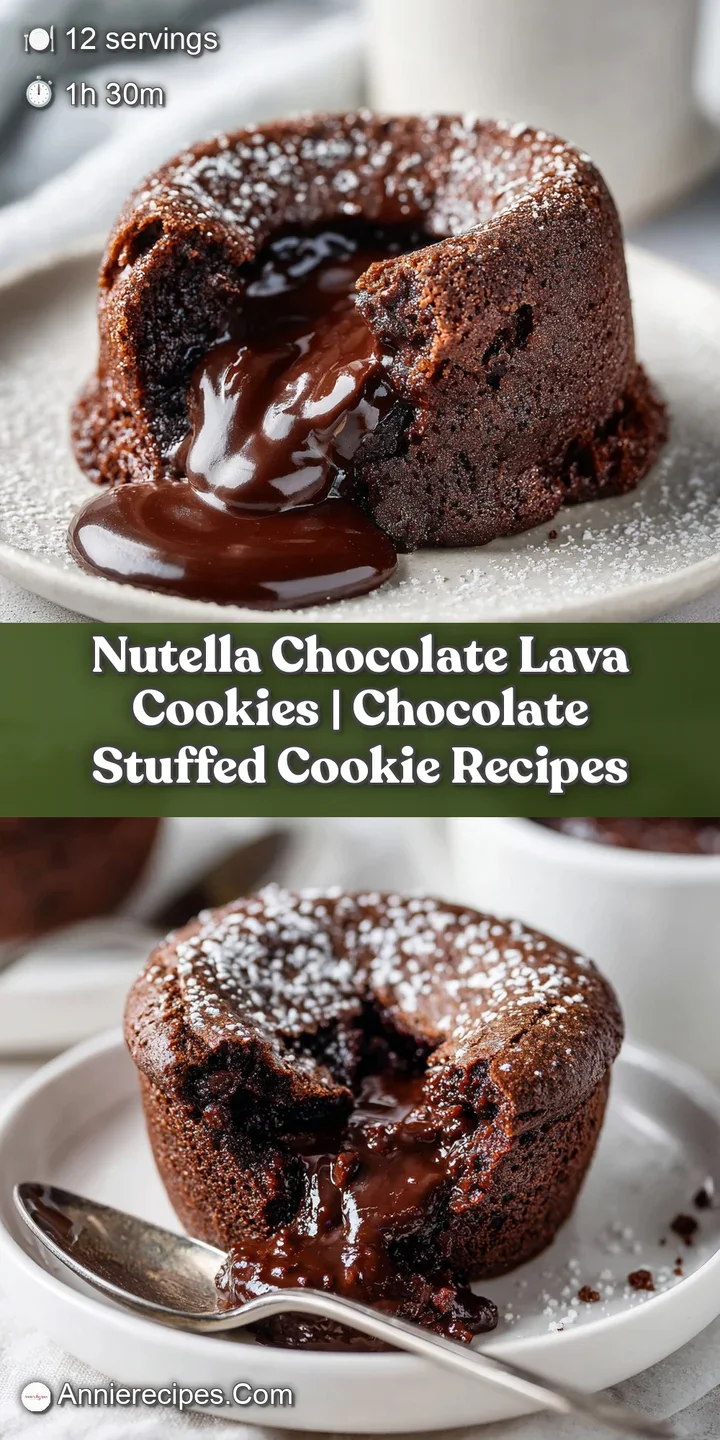 Close-up of a fractured cookie revealing a river of melted Nutella spilling out.