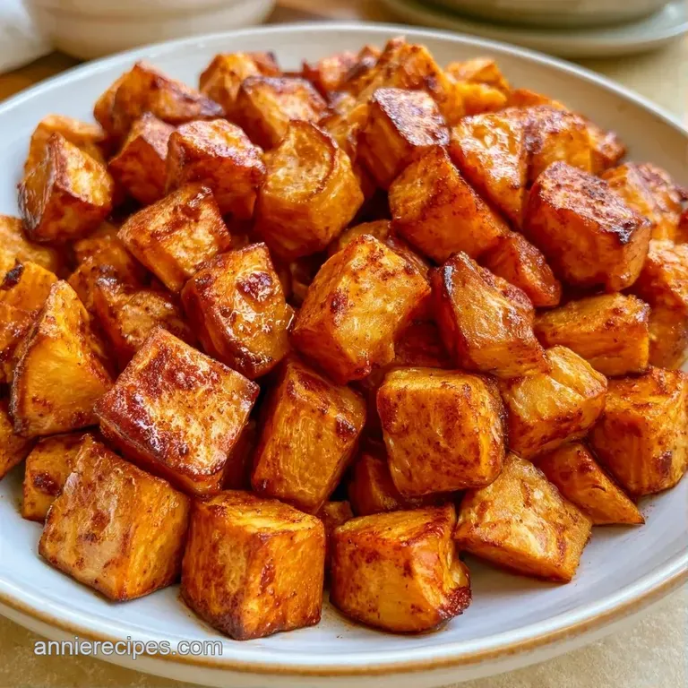 Roasted orange potato cubes piled high in a bowl, sprinkled with fresh green parsley and a pinch of flaky sea salt.
