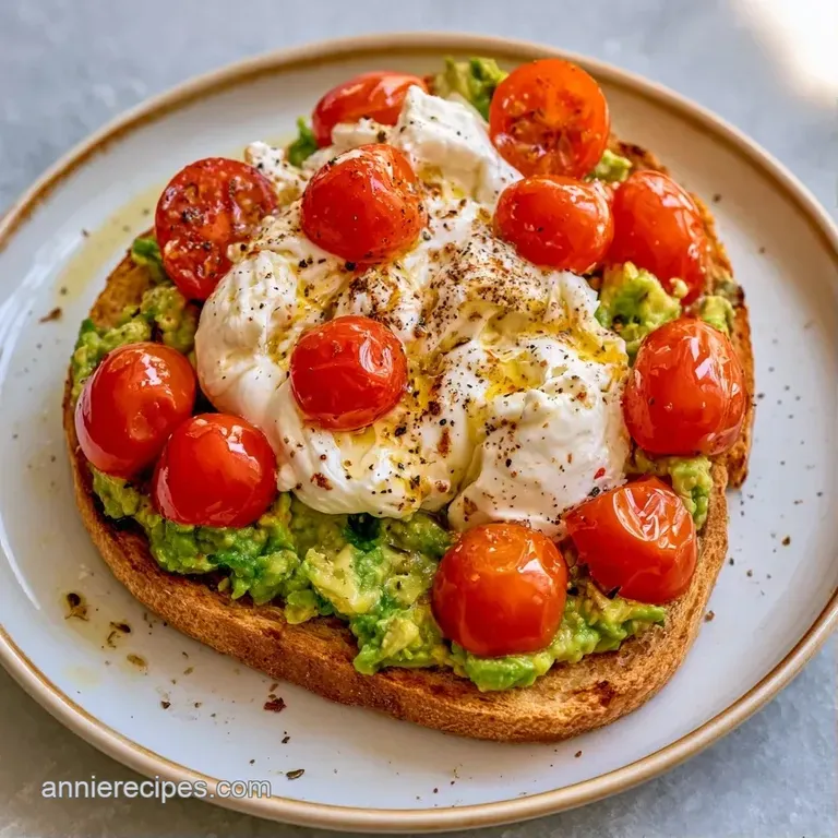 A slice of crispy toast on a white ceramic plate, topped with bright green avocado and a creamy, white burrata center.