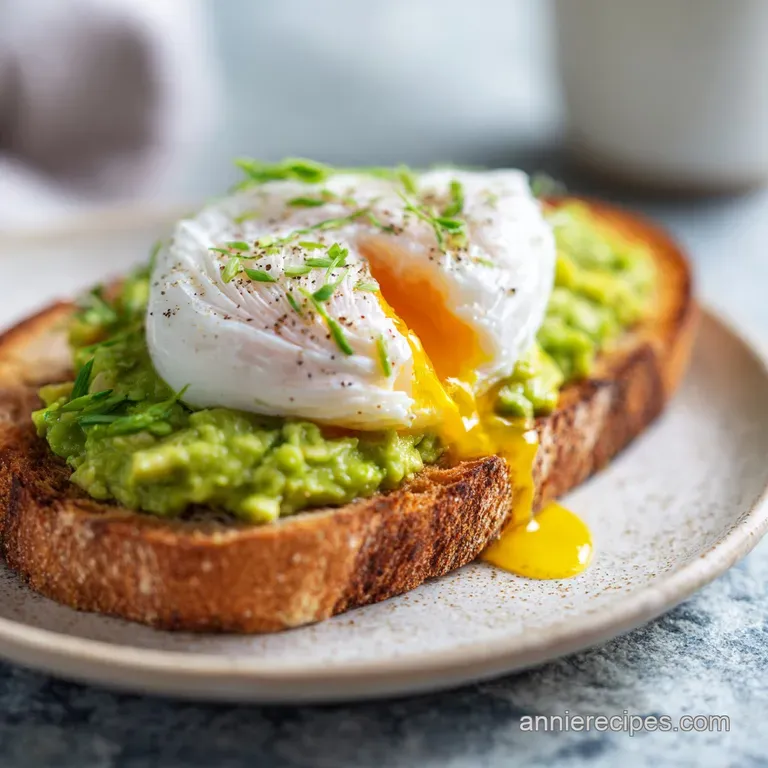 Toasted sourdough topped with smashed avocado and eggs, served on a white ceramic plate with a side of fresh greens.