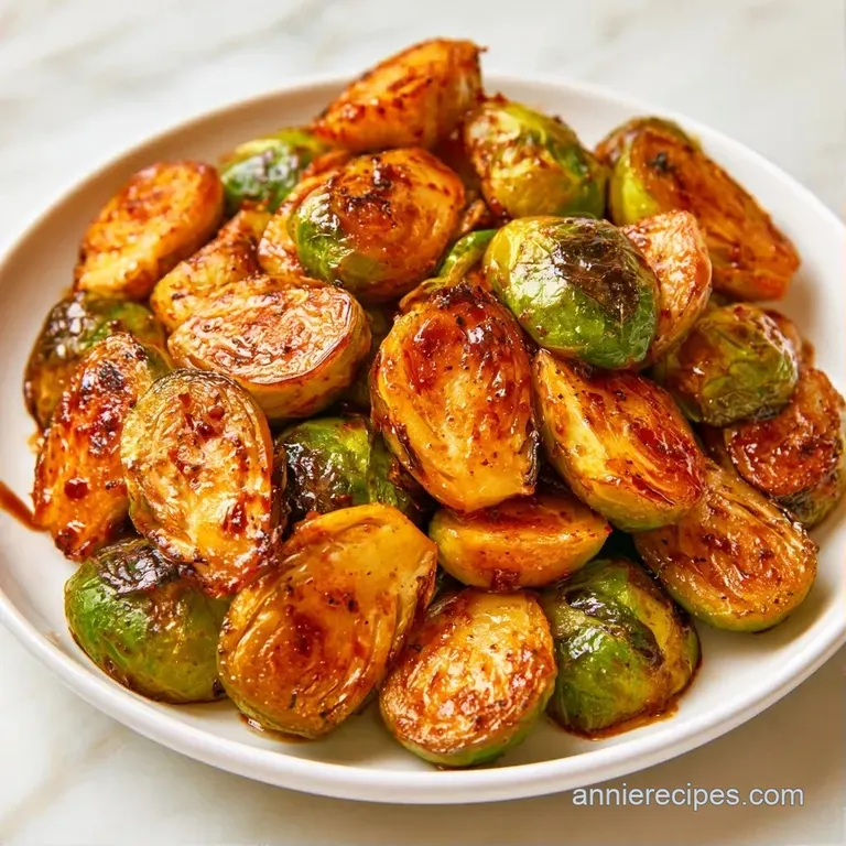 Charred green sprouts with a syrupy brown glaze, piled high on a rustic slate board with a sprig of fresh thyme.