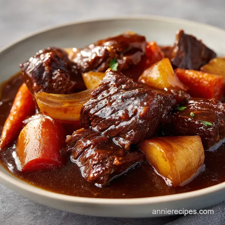 Steaming ceramic bowl of thick brown stew with sliced carrots and fresh parsley on a rustic wooden dining table.