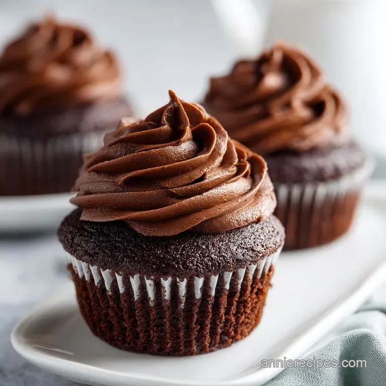 Three dark cocoa cakes on a white marble platter, each with a swirl of glossy frosting and a single fresh raspberry.