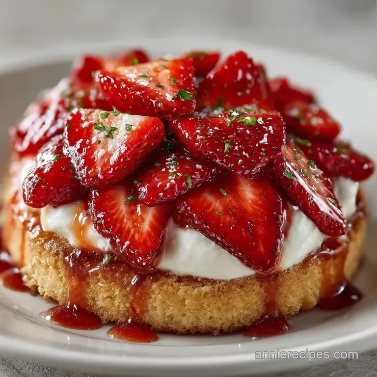 Sliced buttery biscuit layered with glossy red strawberries and a swirl of thick white whipped cream on a plate.