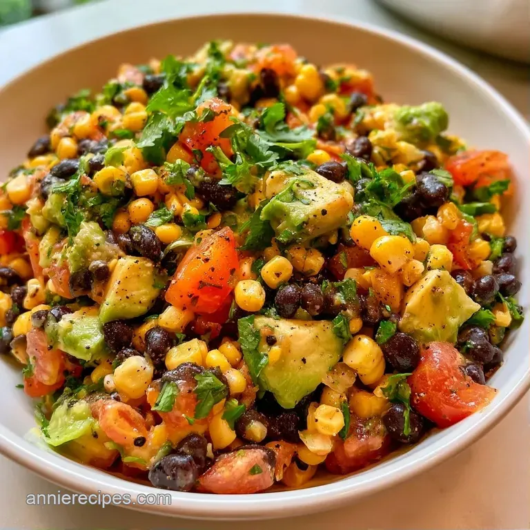 A neat mound of colorful bean and avocado salad on a white plate, garnished with a lime wedge and fresh cilantro.