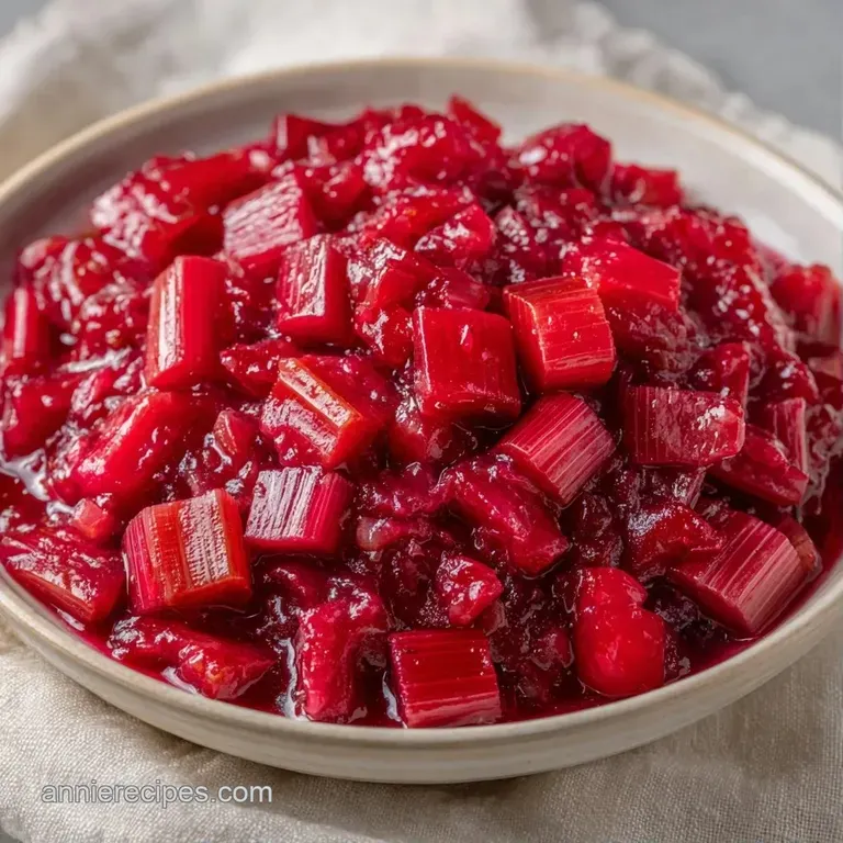 Bright red fruit compote drizzled over a creamy scoop of vanilla ice cream in a sleek white ceramic bowl.