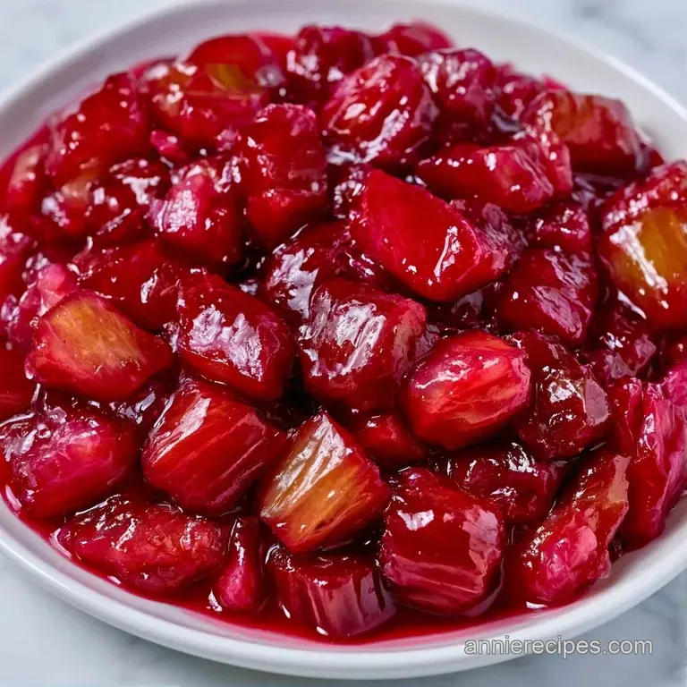 A glossy, ruby-red fruit reduction swirled elegantly on a white porcelain plate, topped with a fresh mint leaf.