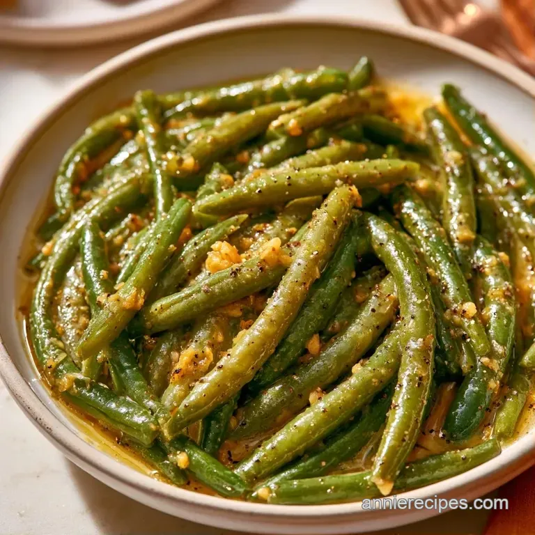 A neat pile of glossy, emerald-green beans served in a white porcelain bowl with a pat of melting butter on top