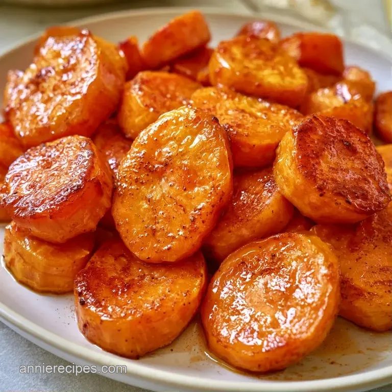 A neat heap of orange glazed root vegetables on a white plate, drizzled with syrup and a pinch of cinnamon.