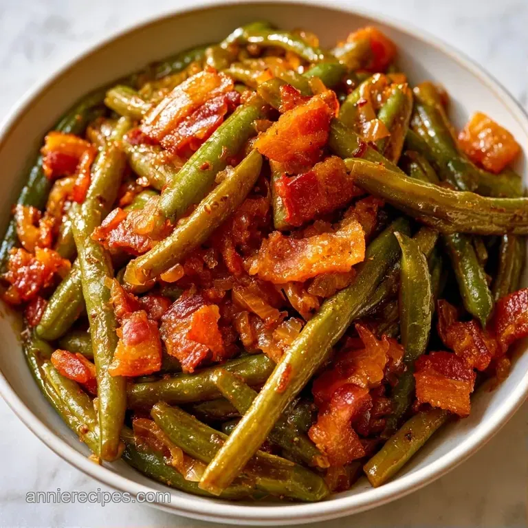 Tender green beans topped with golden-brown bacon bits served in a white ceramic bowl with a sprinkle of black pepper.