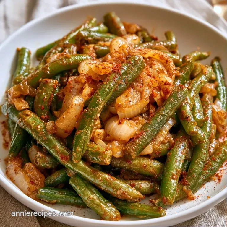 Glossy green beans mixed with soft, golden onions served in a modern white dish on a rustic wooden table.