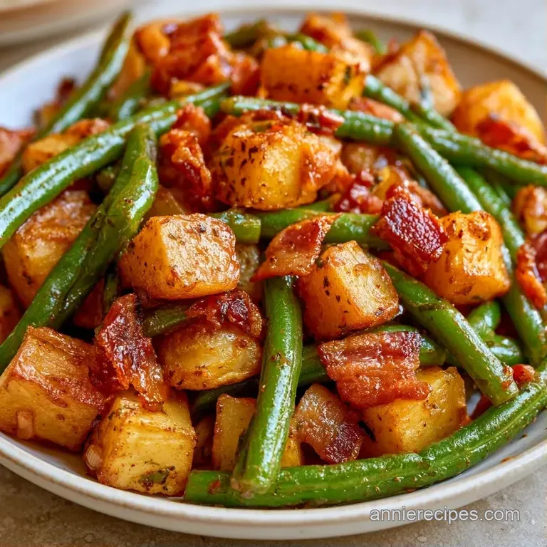 Tender green beans and golden potato chunks served in a white ceramic bowl, garnished with a sprinkle of black pepper.