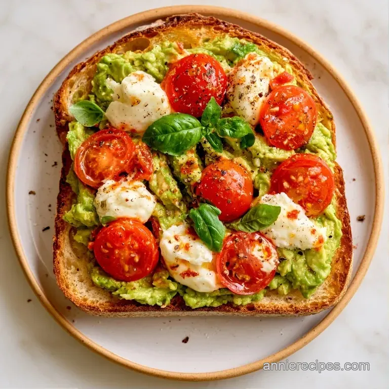 Golden toast topped with creamy avocado, red tomatoes, and white mozzarella pearls on a minimalist white plate.