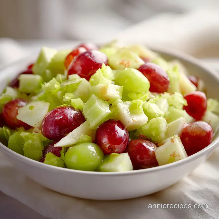 A shallow white ceramic bowl filled with diced green apples, purple grapes, and toasted walnut halves on a linen cloth.