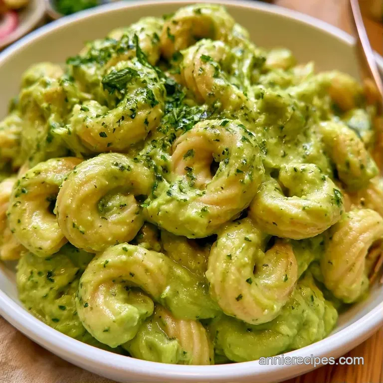 Elegant white bowl of silky green pasta garnished with fresh basil leaves and a sprinkle of red chili flakes.