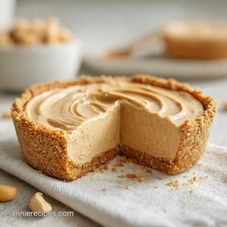 A wedge of smooth tan mousse on a white plate, topped with a dollop of cream and a dusting of cocoa powder.