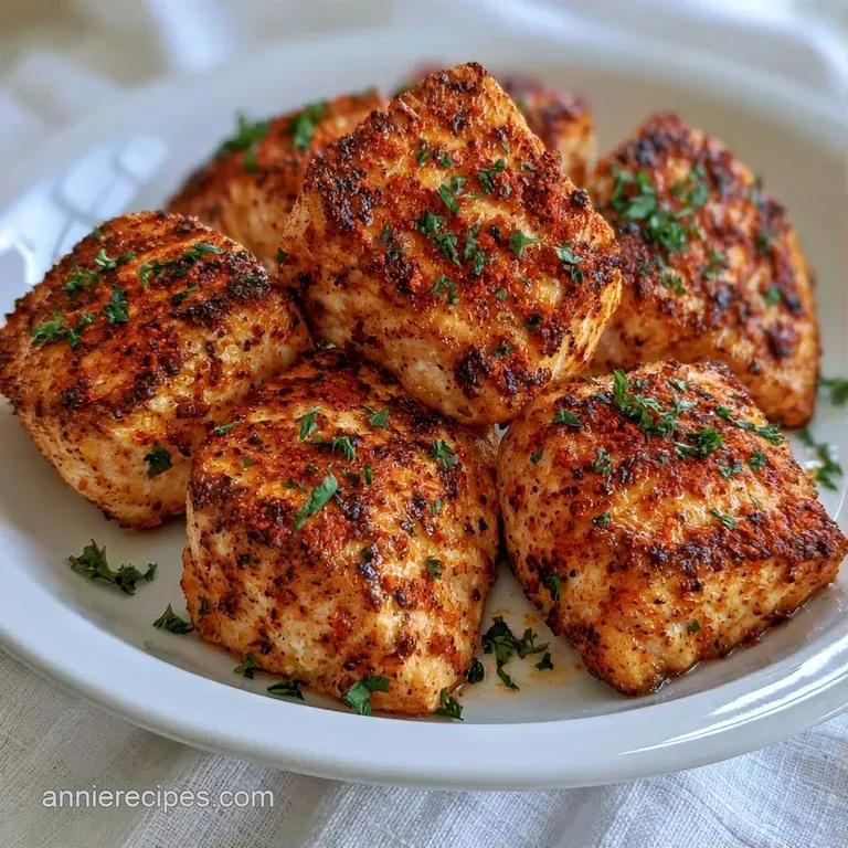 Small seared fish cubes arranged on a white ceramic plate with a swirl of creamy aioli and a sprig of dill