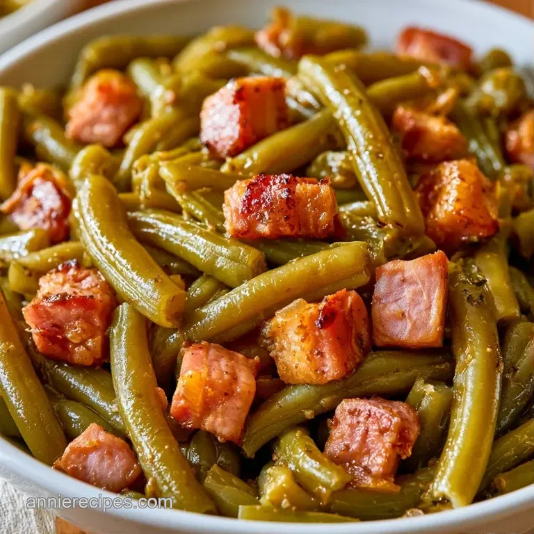 A ceramic bowl of soft green beans and smoked pork, garnished with black pepper on a rustic wooden table