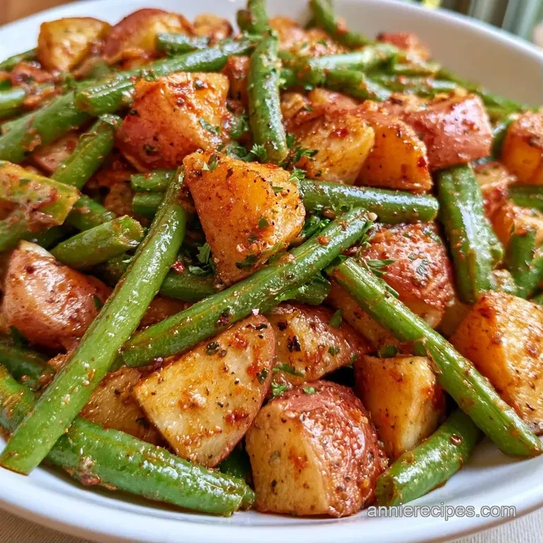 Neatly plated vibrant green beans and golden potatoes on a white ceramic dish with a sprig of fresh thyme