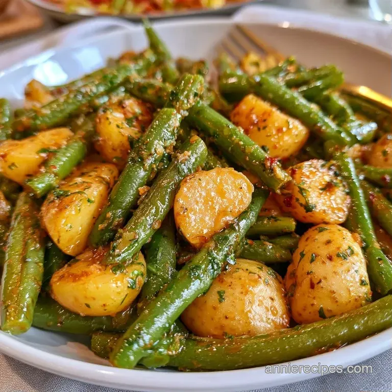 Vibrant green beans arranged neatly on a white porcelain platter, garnished with sliced almonds and fresh parsley.