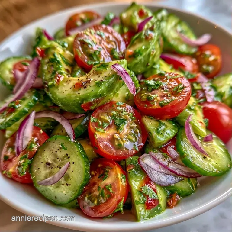 Artistic arrangement of crisp cucumber, creamy avocado, and red tomatoes drizzled with oil on a white ceramic plate.