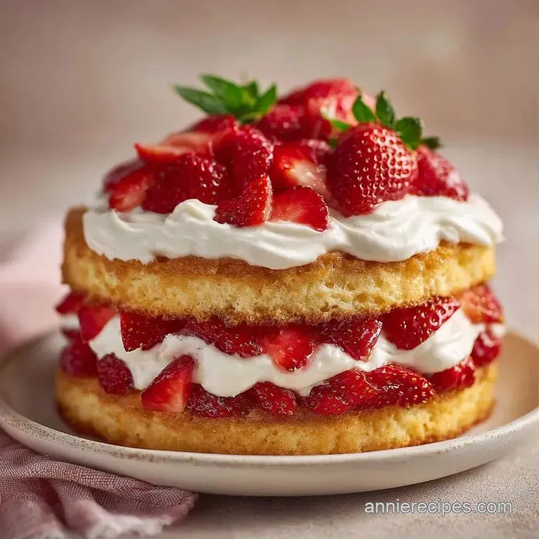 Sliced buttery biscuits layered with macerated berries and thick cream on a white ceramic plate with a mint leaf.