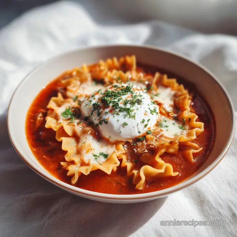 A steaming bowl of tomato-based stew topped with a creamy ricotta swirl and a sprig of fresh basil on a wooden tray.