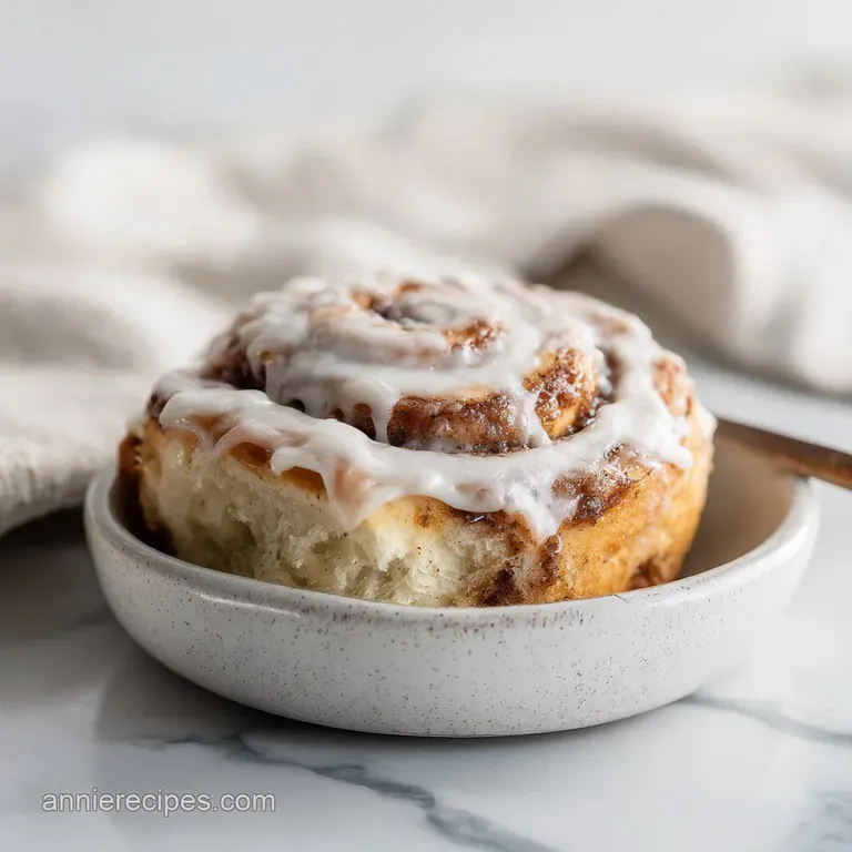 A single fluffy cinnamon roll on a rustic white plate, its warm glaze glistening under soft light.