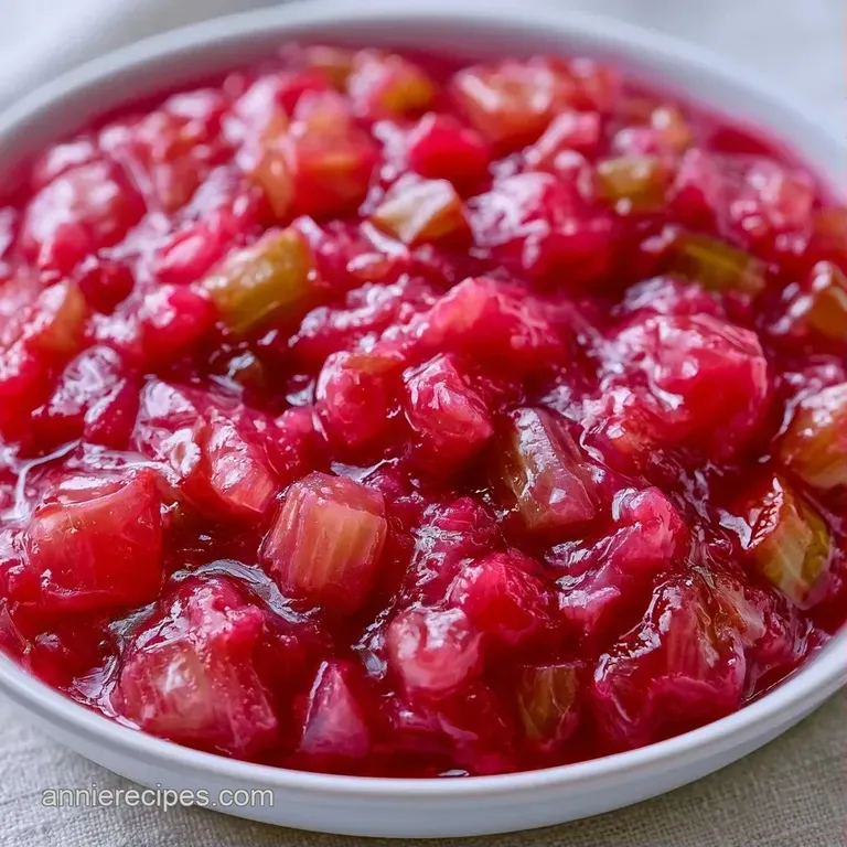 Glossy red fruit compote drizzled over a creamy white cheesecake slice, topped with a tiny green mint leaf.