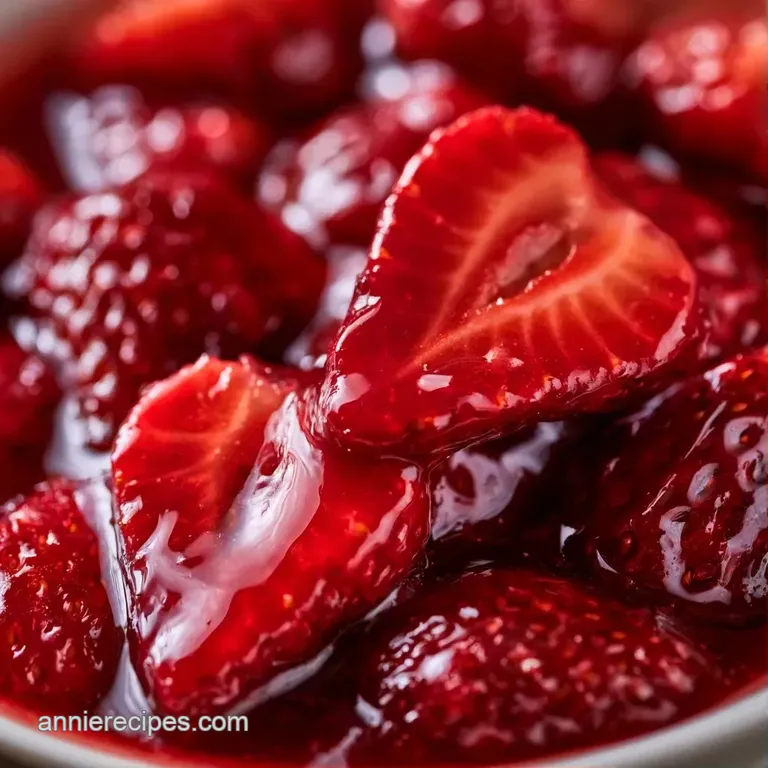 Sliced bright red berries in a sugary glaze arranged neatly on a white ceramic plate with a sprig of mint.