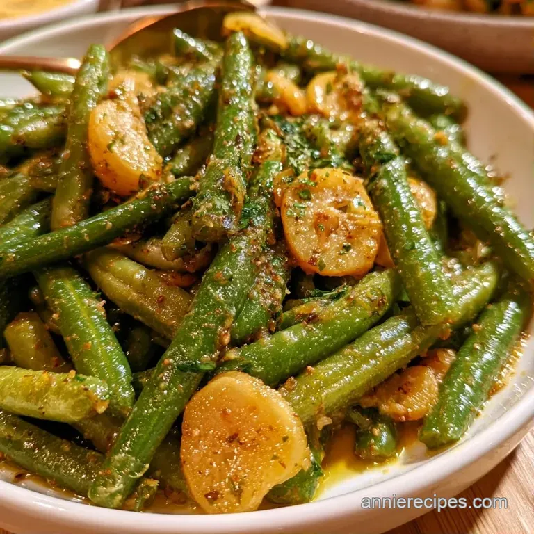 A neat pile of glistening green beans in a white ceramic bowl, topped with toasted garlic and a sprig of parsley.