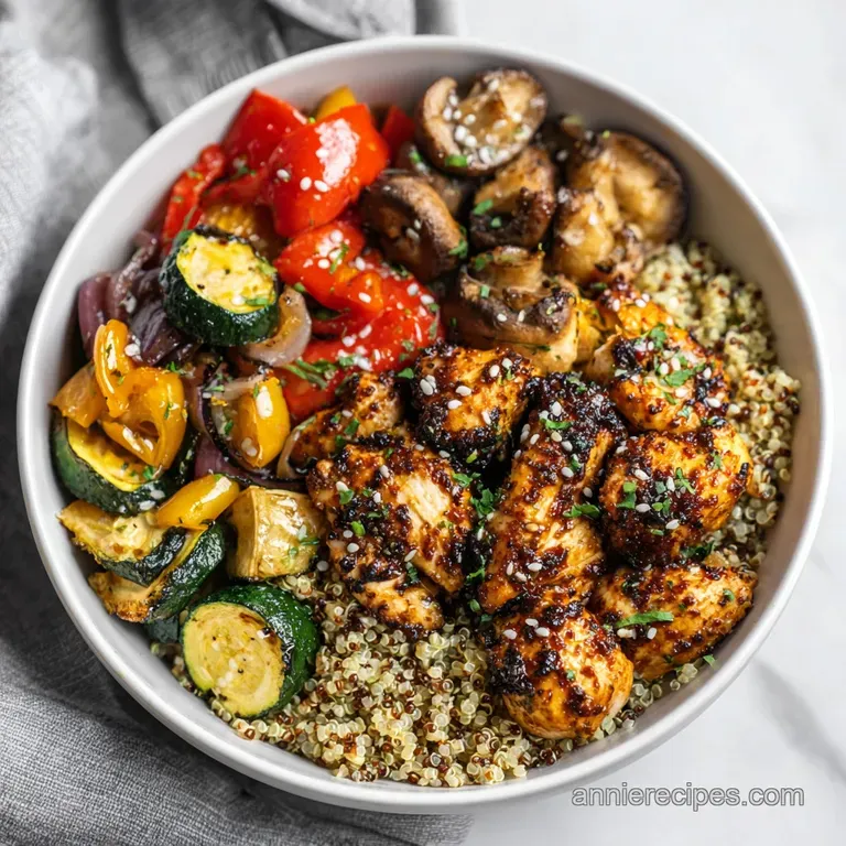 A beautifully arranged quinoa bowl, showcasing layers of greens, roasted sweet potatoes, and seasoned chicken, elegantly p...