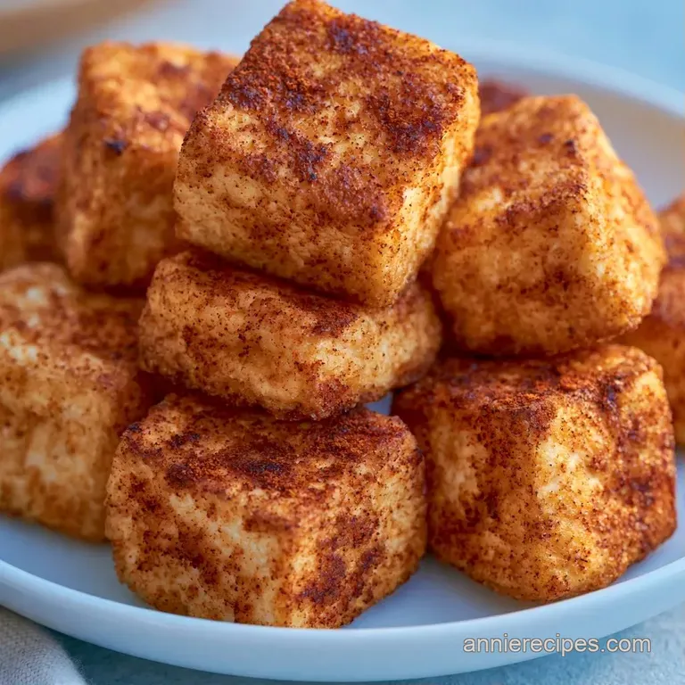 Tofu cubes neatly arranged on a matte slate platter, garnished with bright microgreens and creamy orange drizzle.