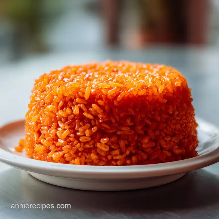 A scoop of orange-tinted rice on a white ceramic plate, topped with fresh cilantro and a lime wedge slice.