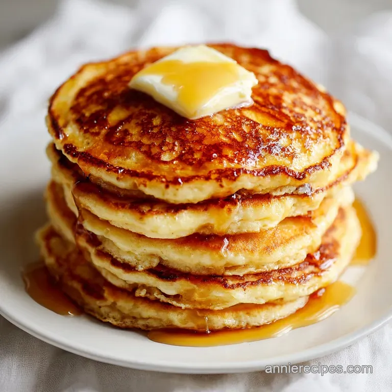 A neat stack of golden pancakes on a white ceramic plate, drizzled with amber syrup and fresh blueberries.