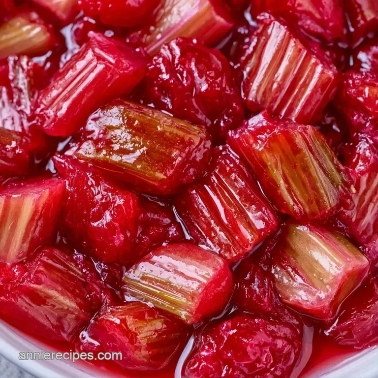 Bright red fruit preserve in a glass jar, garnished with yellow lemon zest and mint on a white linen cloth.