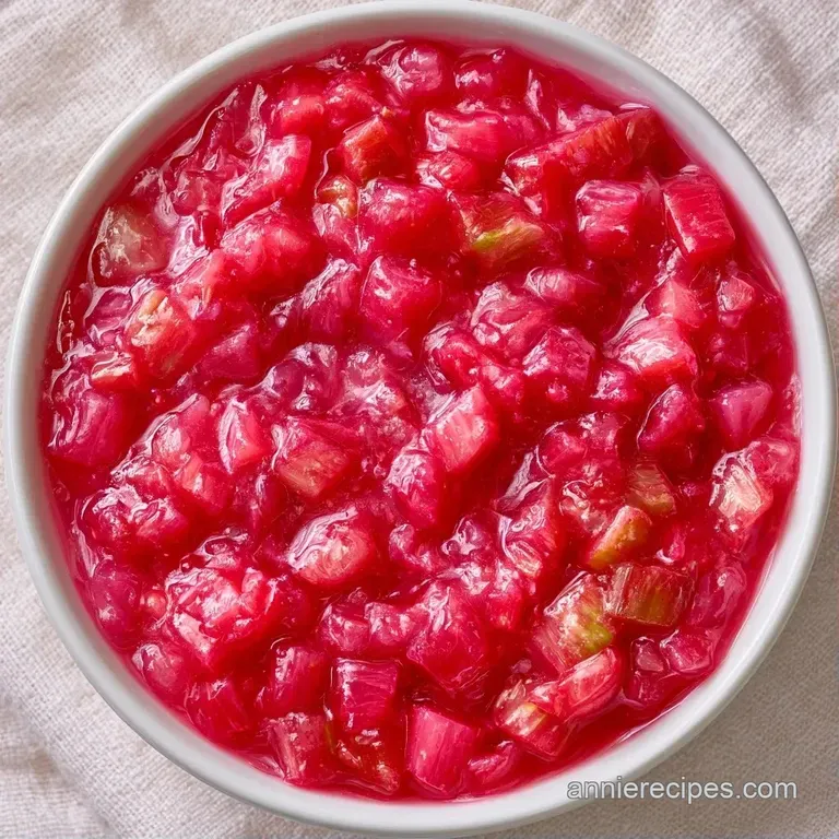 Bright crimson sauce swirled on a white ceramic plate, garnished with a fresh mint leaf and tiny berry pieces.