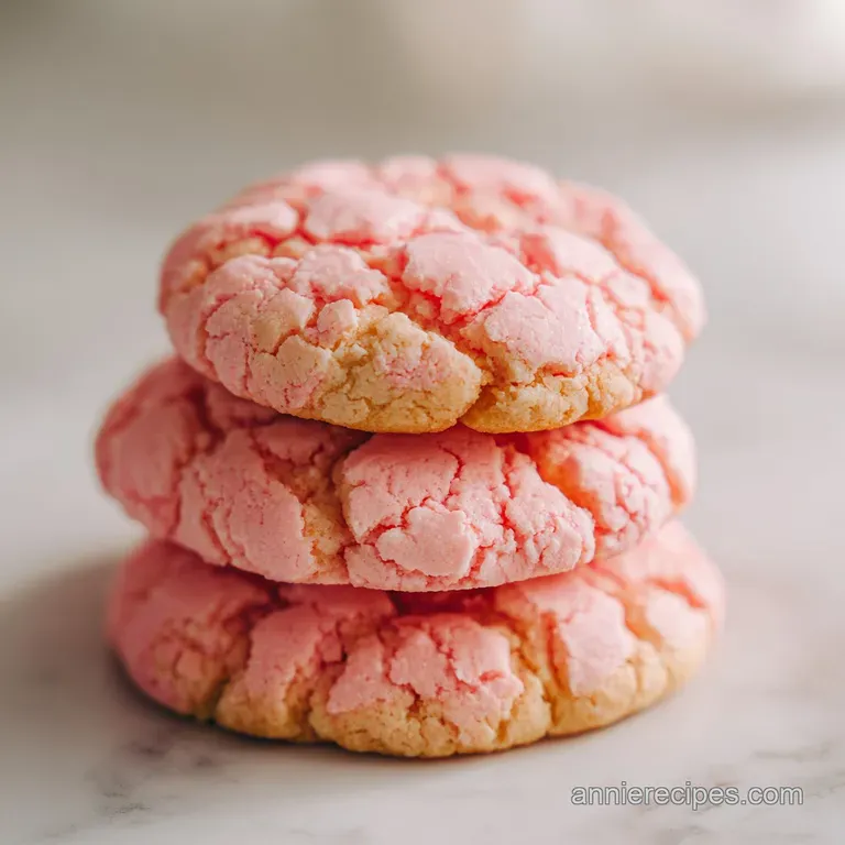 A neat stack of pale pink treats topped with sliced fresh strawberries and a light dusting of powdered sugar.