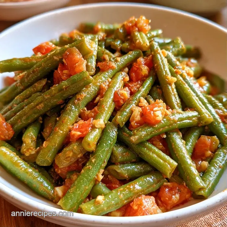Vibrant green beans arranged neatly on a ceramic plate, drizzled with oil and topped with fresh parsley sprigs.