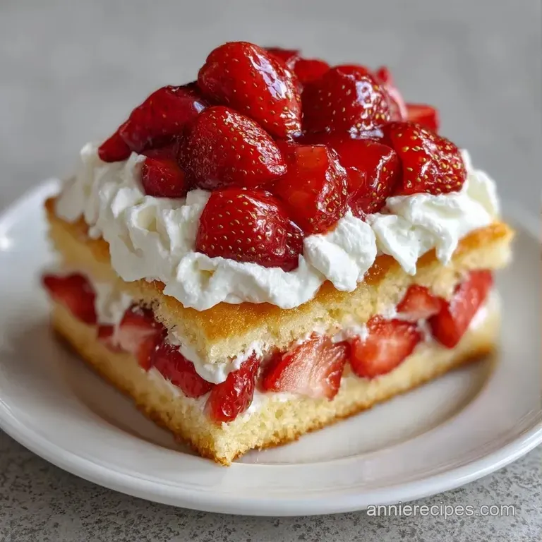Fluffy golden cake layers topped with glistening red strawberries and swirls of cream on a white ceramic platter.