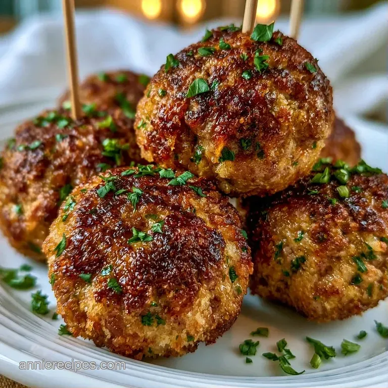 Three browned savory spheres resting on a swirl of creamy mashed potatoes with a drizzle of rich red sauce.