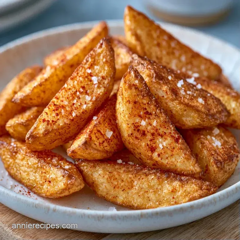 A metal basket of golden potato strips served with a small ceramic bowl of bright red dipping sauce on a wood tray.