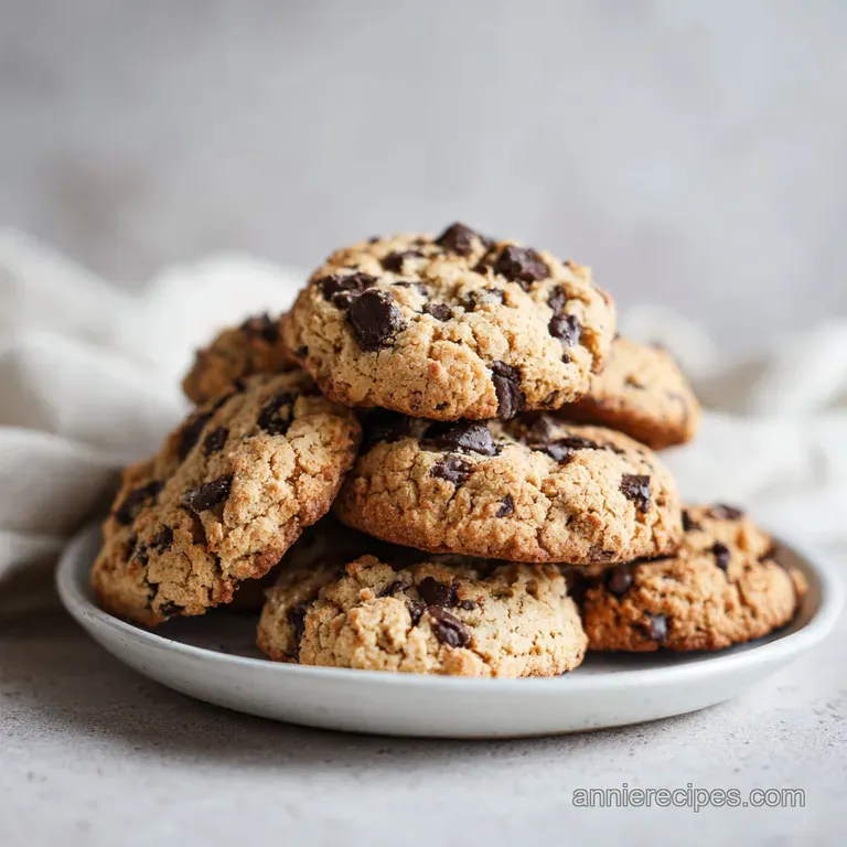 A single, perfectly baked chocolate chip cookie sits on a white plate, glistening with melted chocolate and coarse salt.
