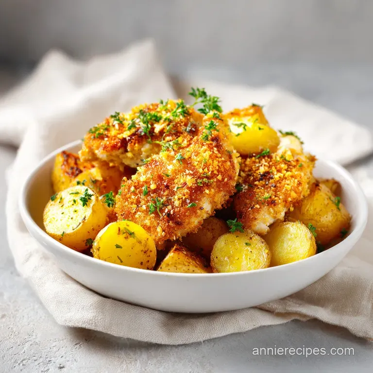 A single fork-tender chicken thigh rests beside a glistening heap of roasted potato cubes on a white plate.