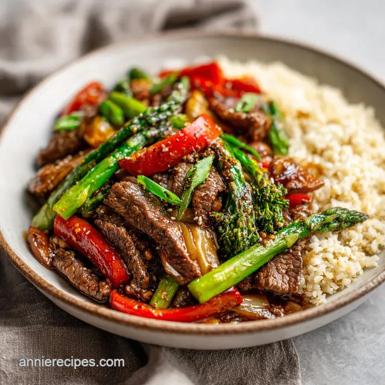 Tender sirloin slices artfully arranged with colorful vegetables and a glossy sauce, garnished with sesame seeds.