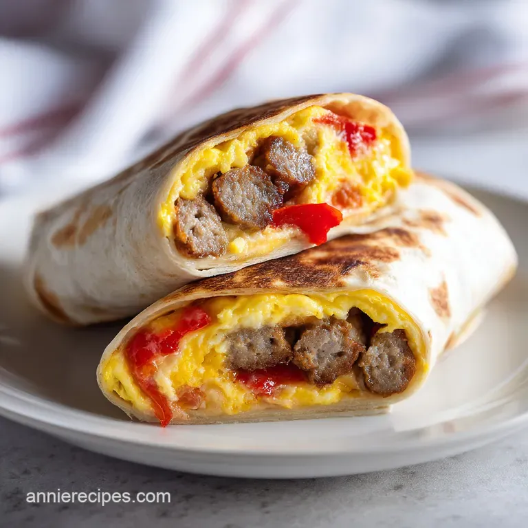 A sliced burrito revealing fluffy scrambled eggs, melted cheese, and savory potatoes on a clean white ceramic plate.