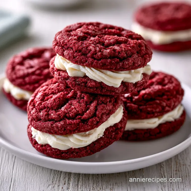 A stack of soft deep-red cookies topped with swirls of creamy white frosting on a minimalist white ceramic plate.