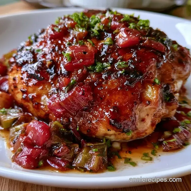 Sliced golden chicken on a white ceramic plate, topped with a vibrant red glaze and a sprig of fresh green thyme.
