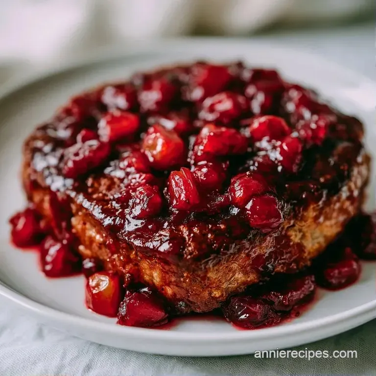 Tender slices of roasted meat drizzled with a vibrant red glaze on a white ceramic plate with steamed greens.